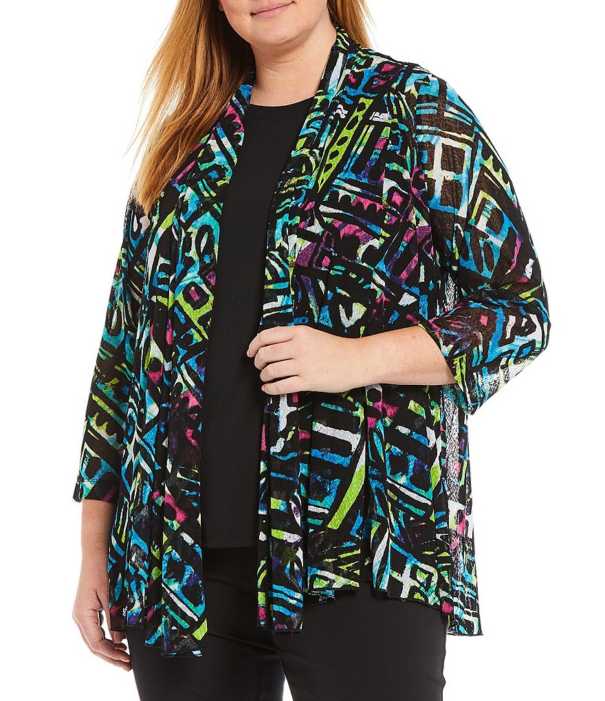 Democracy Plus Size Floral Print 3/4 Puff Sleeve V-Neck Knit Top