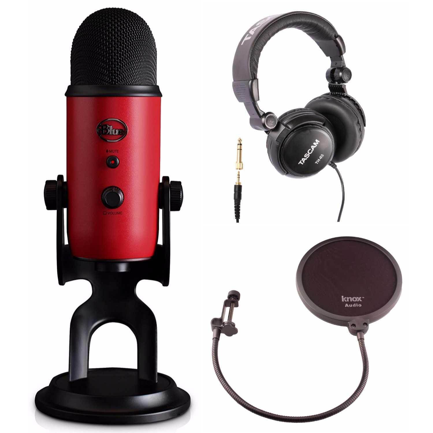 Blue Microphone Yeti USB Microphone (Satin Red) with Headphones and Pop Filter