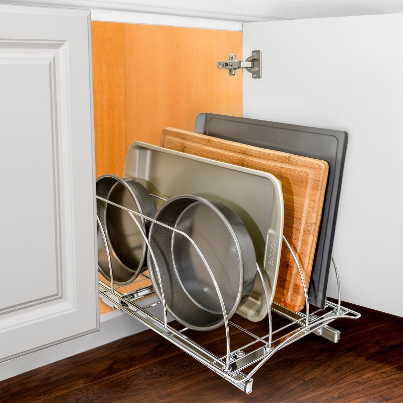 Lynk Professional Slide Out Cutting Board, Bakeware, and Tray Organizer - Pull Out Kitchen Cabinet Rack - 10" wide x 21" deep - Chrome