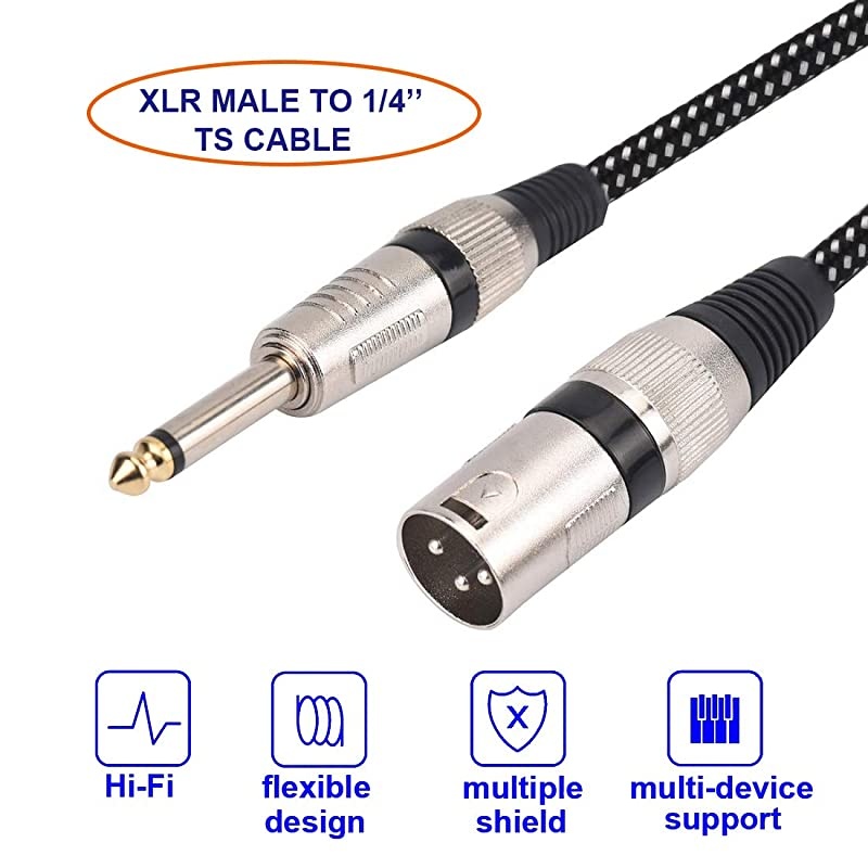 Male to 1/4 Inch TS Cable 50 FT, Nylong Braided 3 Pin Male to Quarter inch 6.35mm TS Male Unbalanced Interconnect Wire Mic Cord (Pure Copper Conductors)