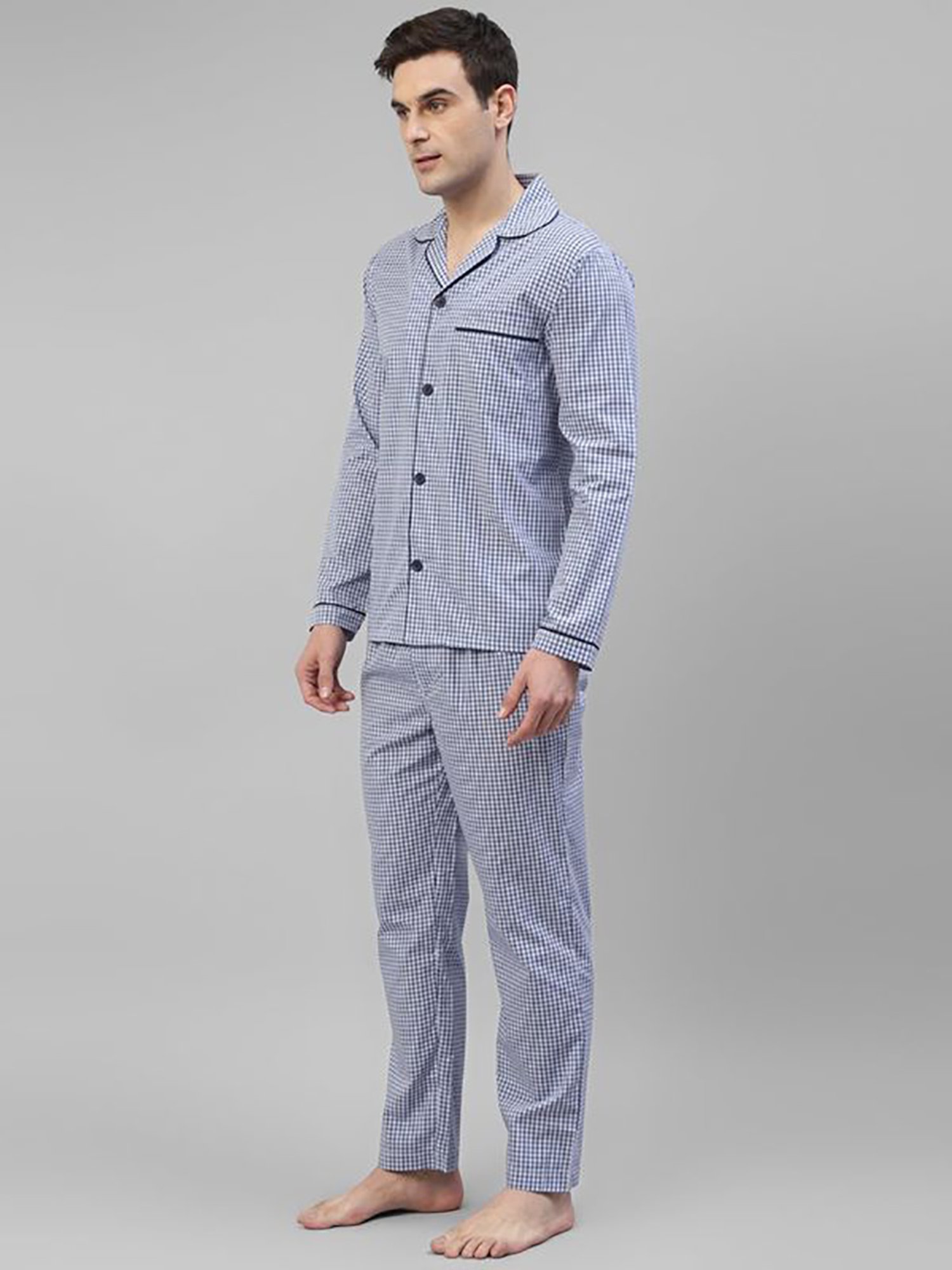 Hancock White Cotton Regular Fit Checks Lounge Sets