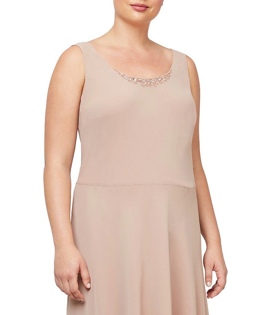 Ignite Evenings Plus Size Scoop Neck Long Sleeve Sequined Shoulder Midi Length Tiered Hem Jacket Dress