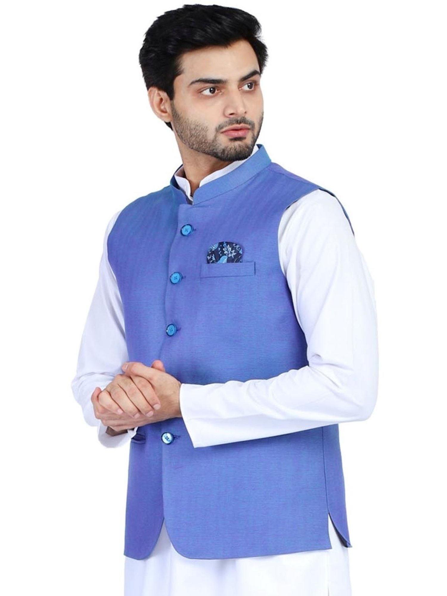 TAHVO Blue Cotton Slim Fit Nehru Jacket