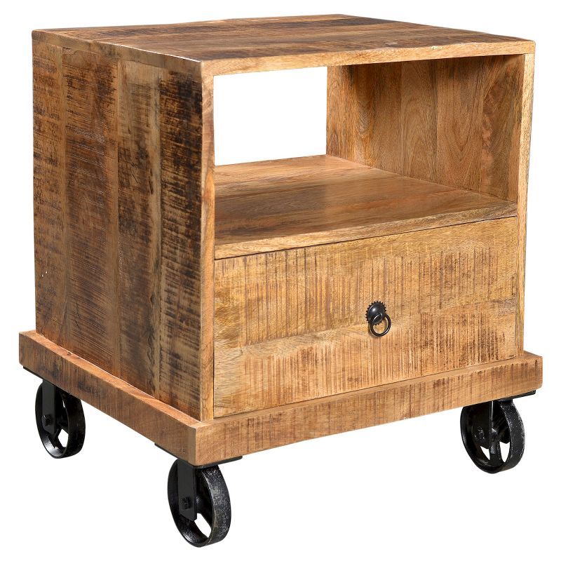 Industrial Reclaimed Wood and Iron Wheeled End Table - (26H x 22W x 20D) - Natural - Timbergirl