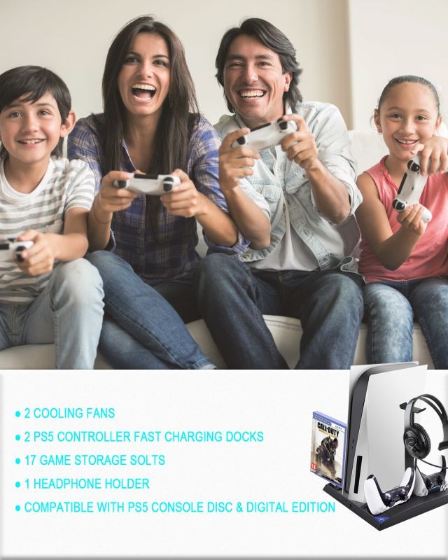 PS5 Vertical Stand with Cooling Fan Station Base & Headset Holder for Playstation 5 Console Disc Edition & Digital Edition with 2 Controllers Charger & 17 Game Disc Slots Organizer &1 Headphone Stand