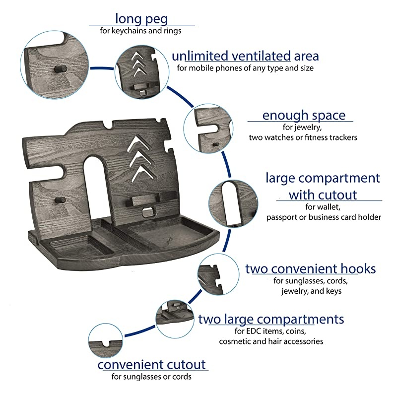 Wood Docking Station Tray Cell Phone Smartwatch Holder Men Charging Accessory Nightstand Father Mobile Base Gadget Organizer Dresser Wallet Storage Anniversary Birthday Graduation Gift