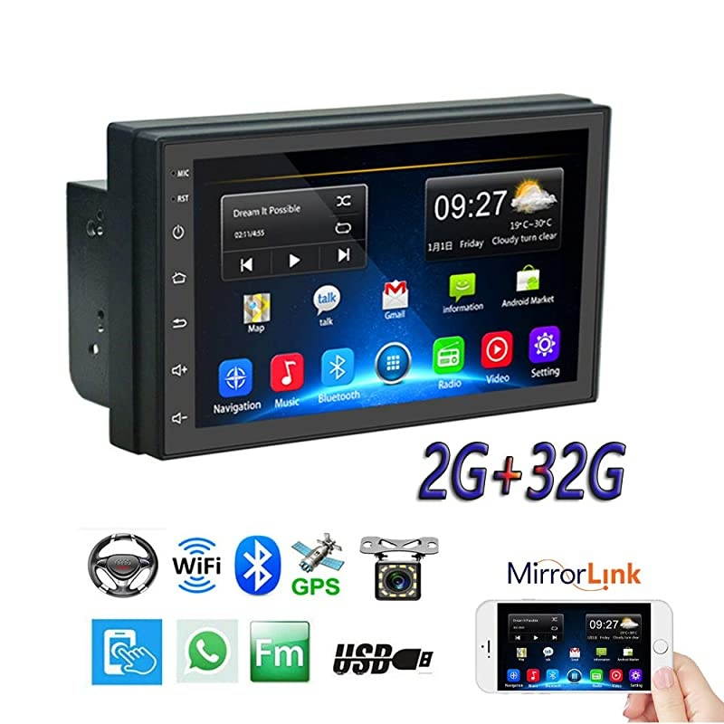 Din Android 9.1 Car Radio 7'' TFT Touch Screen GPS Navigation 1G+16G Indash Car Stereo Support Bluetooth FM WiFi Steering Wheel Control Dual USB + 12 LEDs Rear View Camera