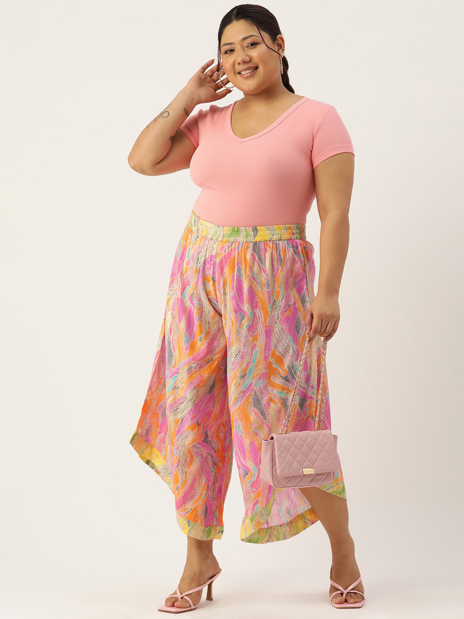 theRebelinme Pink Printed Relaxed Fit High Rise Plus Size Culottes