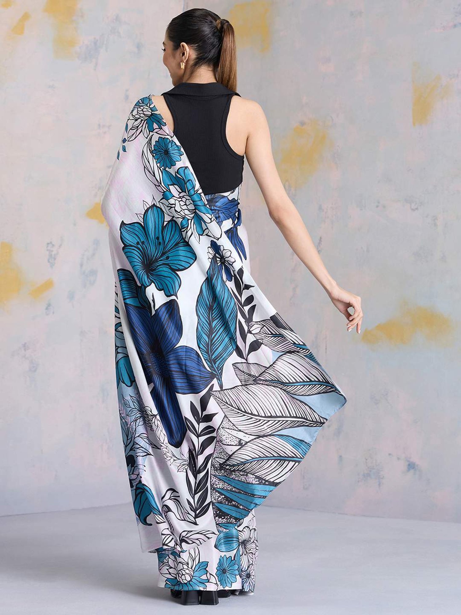 navyasa by liva White & Blue Printed Saree With Unstitched Blouse