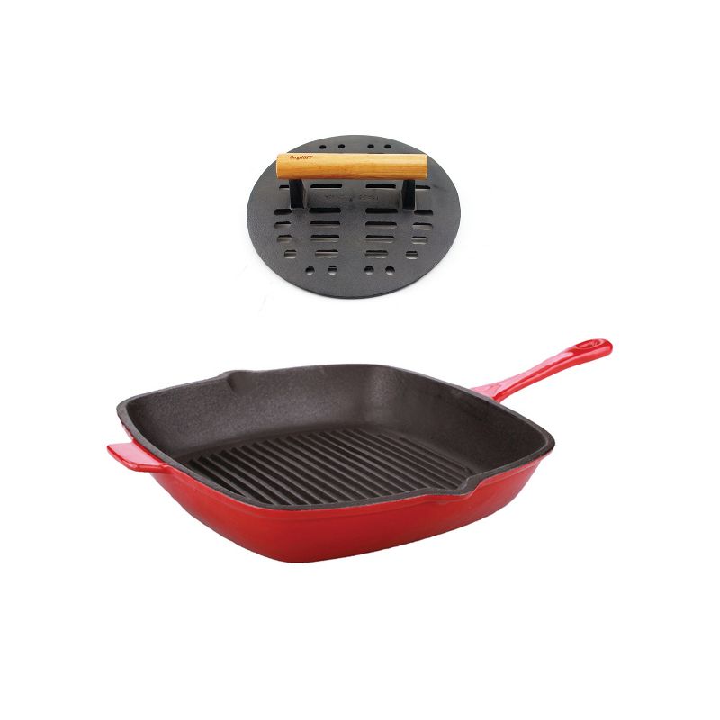 BergHOFF Neo 2Pc Cast Iron Set, 11" Grill Pan & with Slotted Steak Press, Red