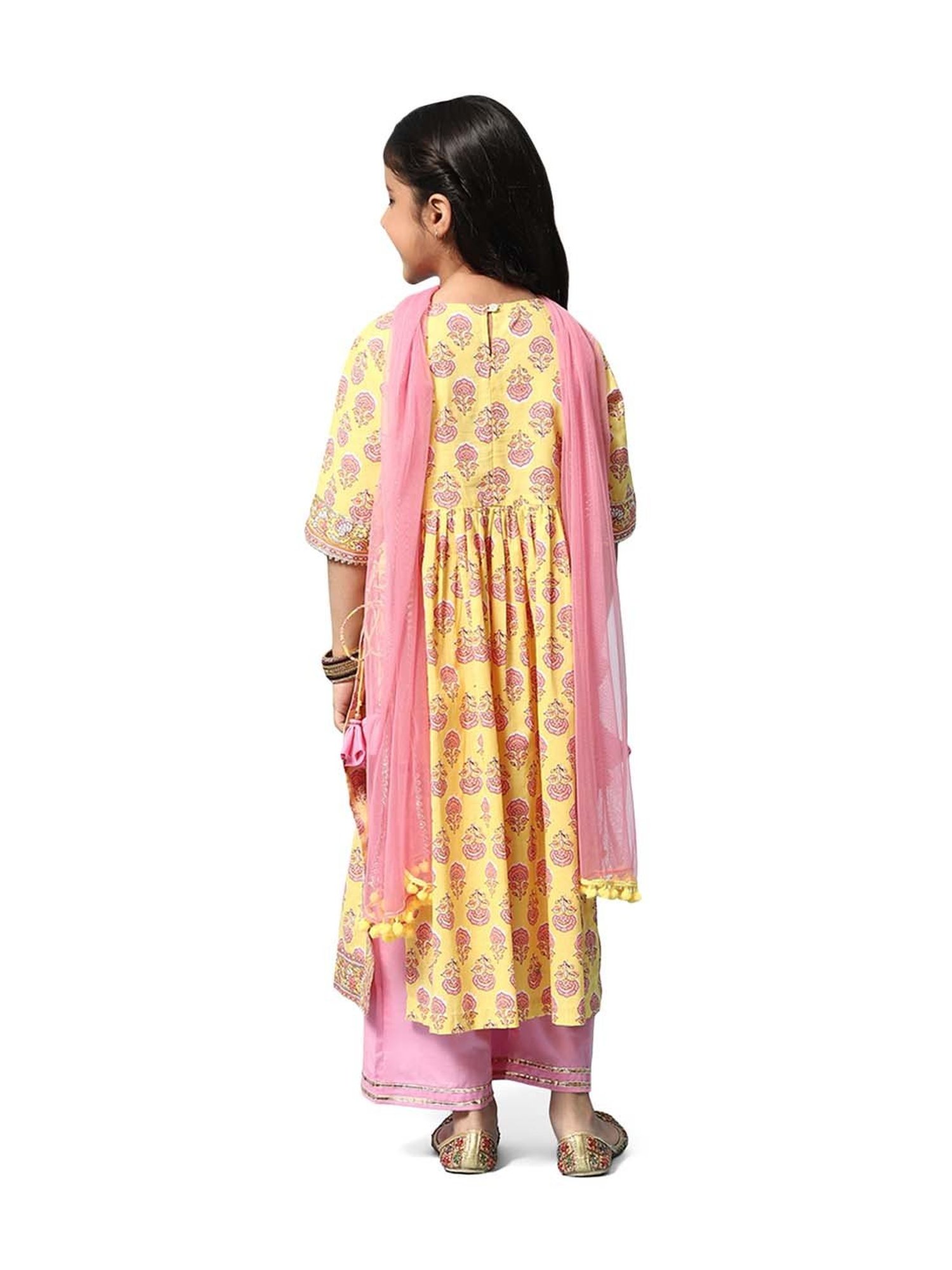 BIBA Girls Yellow & Pink Printed Kurta Set
