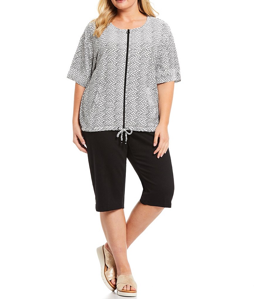 Allison Daley Plus Size Pebble Grain Textured Short Sleeve Zip Front Drawstring Hem Cardigan