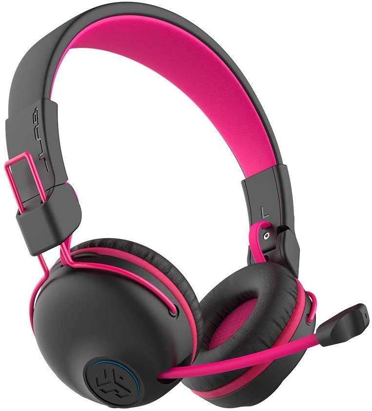 JLab Audio JBuddies Play Gaming Wireless Kids Headset | Pink | 22+ Hour Bluetooth 5 Playtime 60ms Super-Low Latency for Mobile Gameplay | Retractable Boom Mic | AUX Cord Compatible w/Gaming Consoles