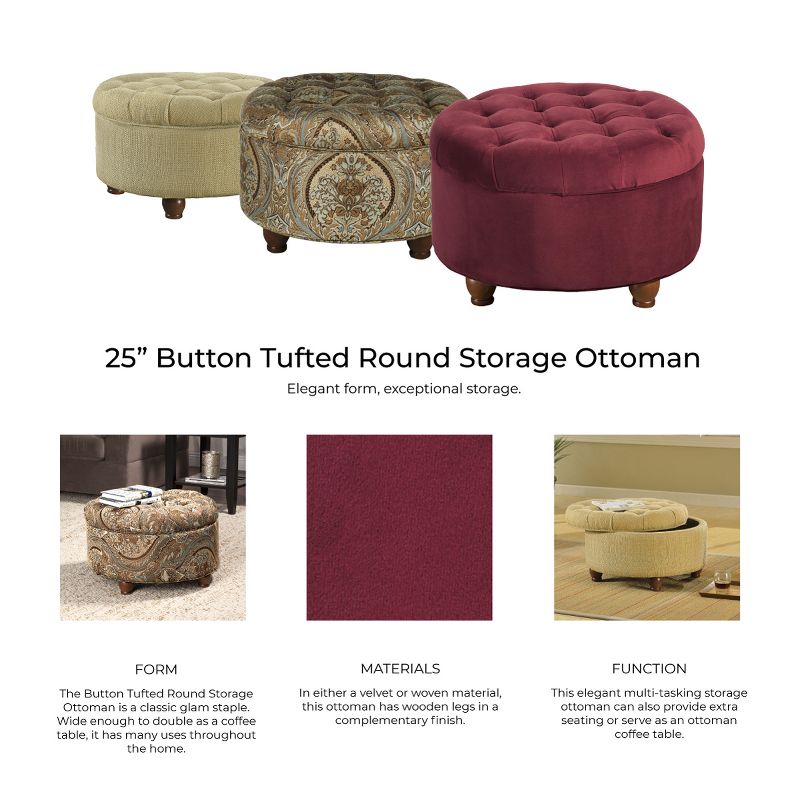 Button Tufted Round Storage Ottoman Brown Paisley - HomePop