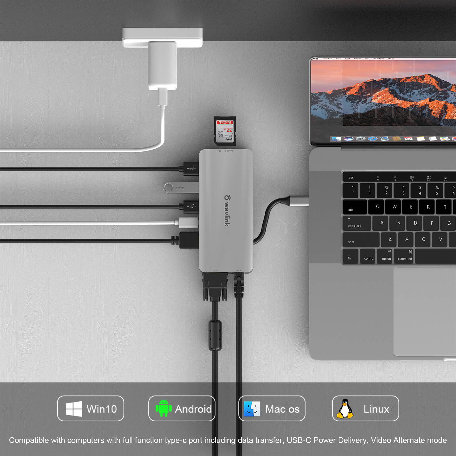 Wavlink USB C Hub, PD 7-in-1 Type C Adapter Mini Docking Station Aluminum with 4K 30Hz HDMI, 2K 60Hz VGA, 2 USB 3.0, SD/TF Card Reader, 87W Laptop Power Delivery for Windows Mac and More, Plug & Play