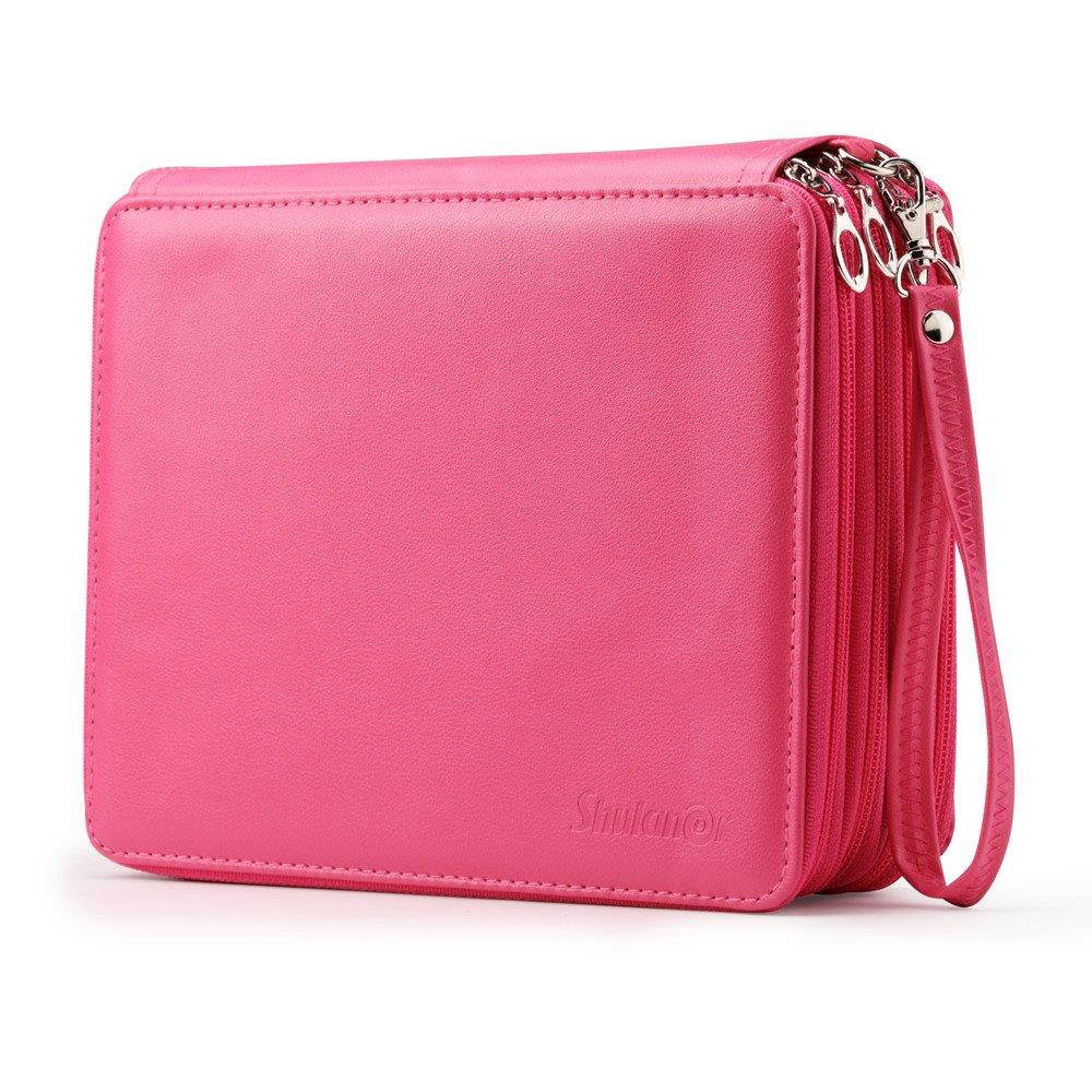Shulaner 155 Slots Colored Pencil Case Rose Red Leather Pen Holder Large Capacity Portabl Organizer Holds Up to 80 Colored Pencils and 72 Colored Gel Pens with 3 Larger Slots for Eraser or Sharpener