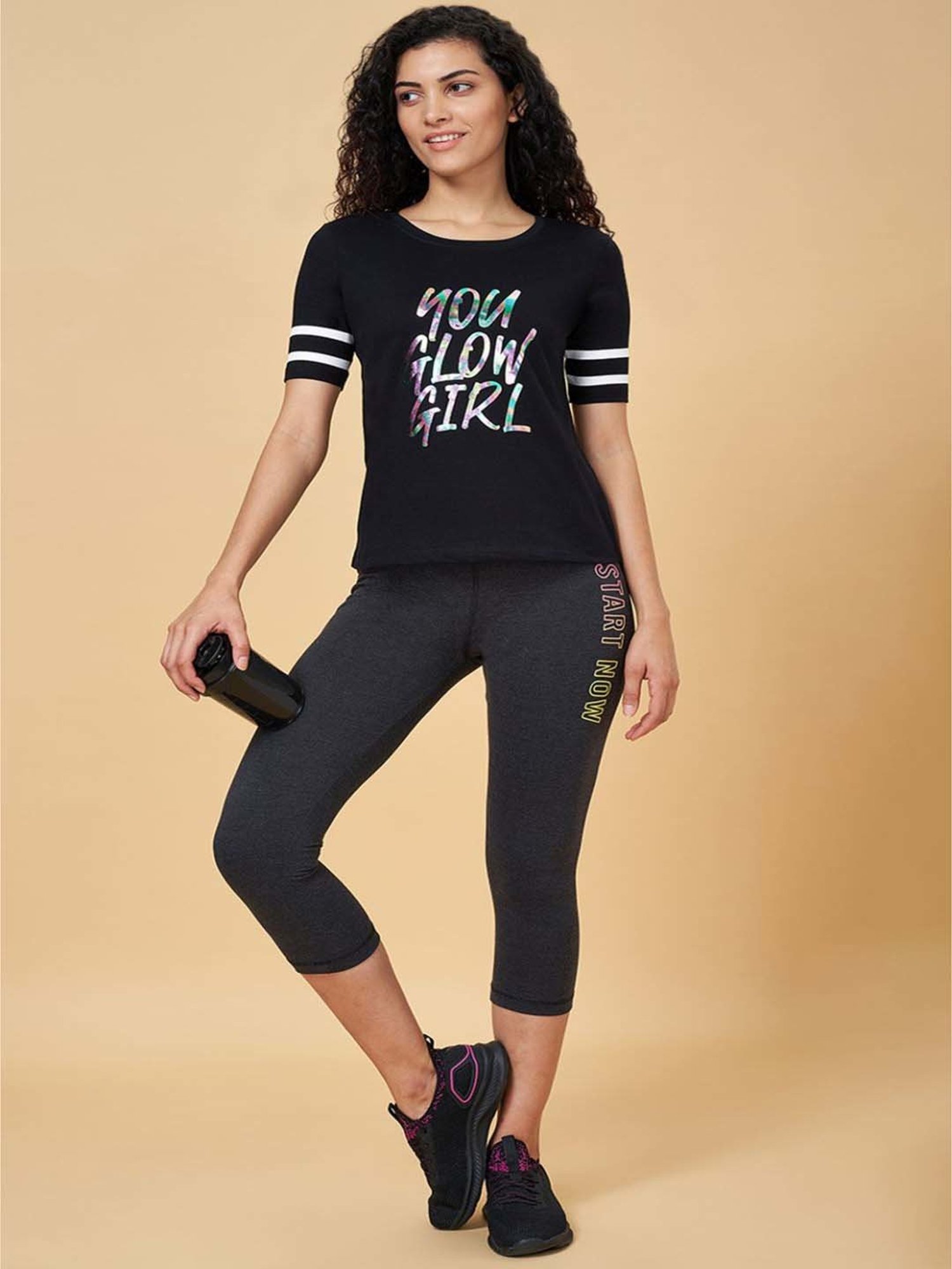 Ajile by Pantaloons Black Cotton Graphic Print Sports T-Shirt