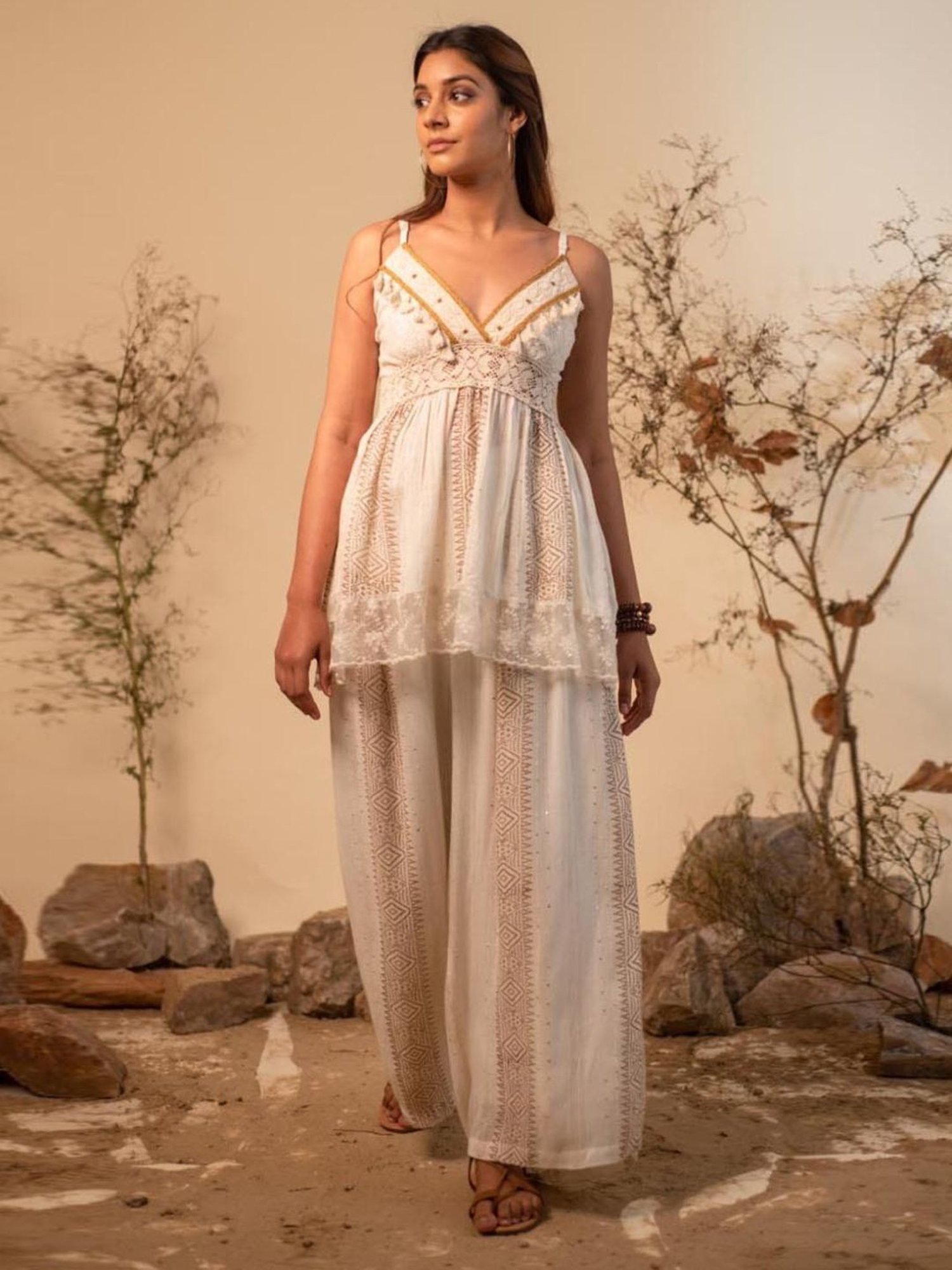 LABEL REYYA Boho Off White Lace Co-ord Set (Set Of 2)