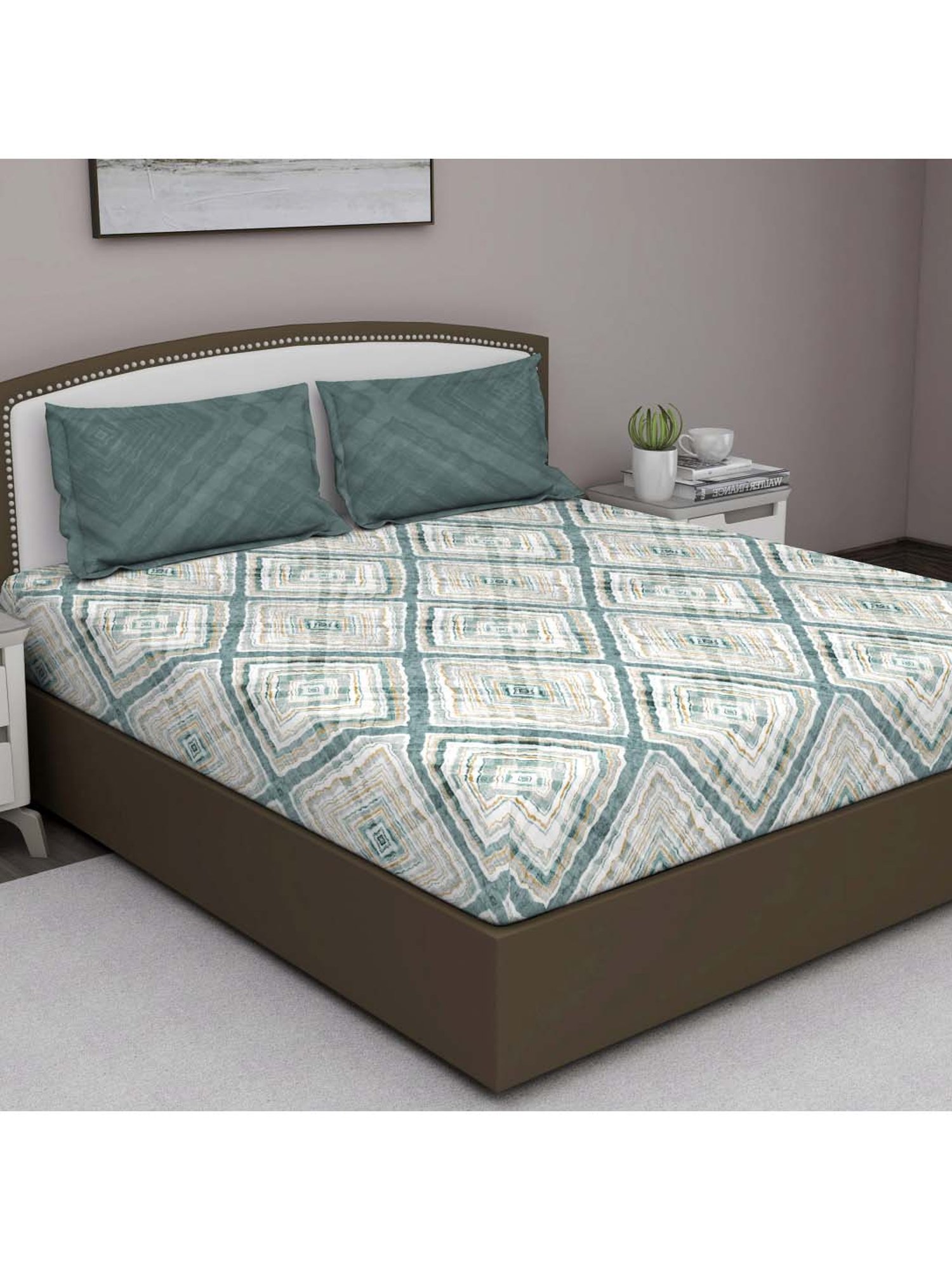 GM Green & Beige 100% Cotton 210 TC King Bedsheet Set