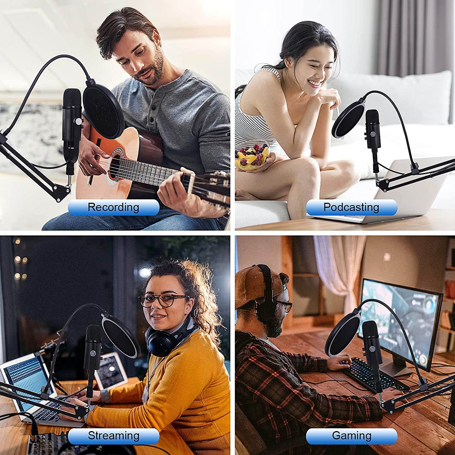 Gaming Microphone, Professional USB Condenser Microphone kit for Mac/PC/Smartphone, Low Noise Microphone with Mute Key for YouTube, Recording, Podcast, Streaming, Metal Mic with Upgraded Stand