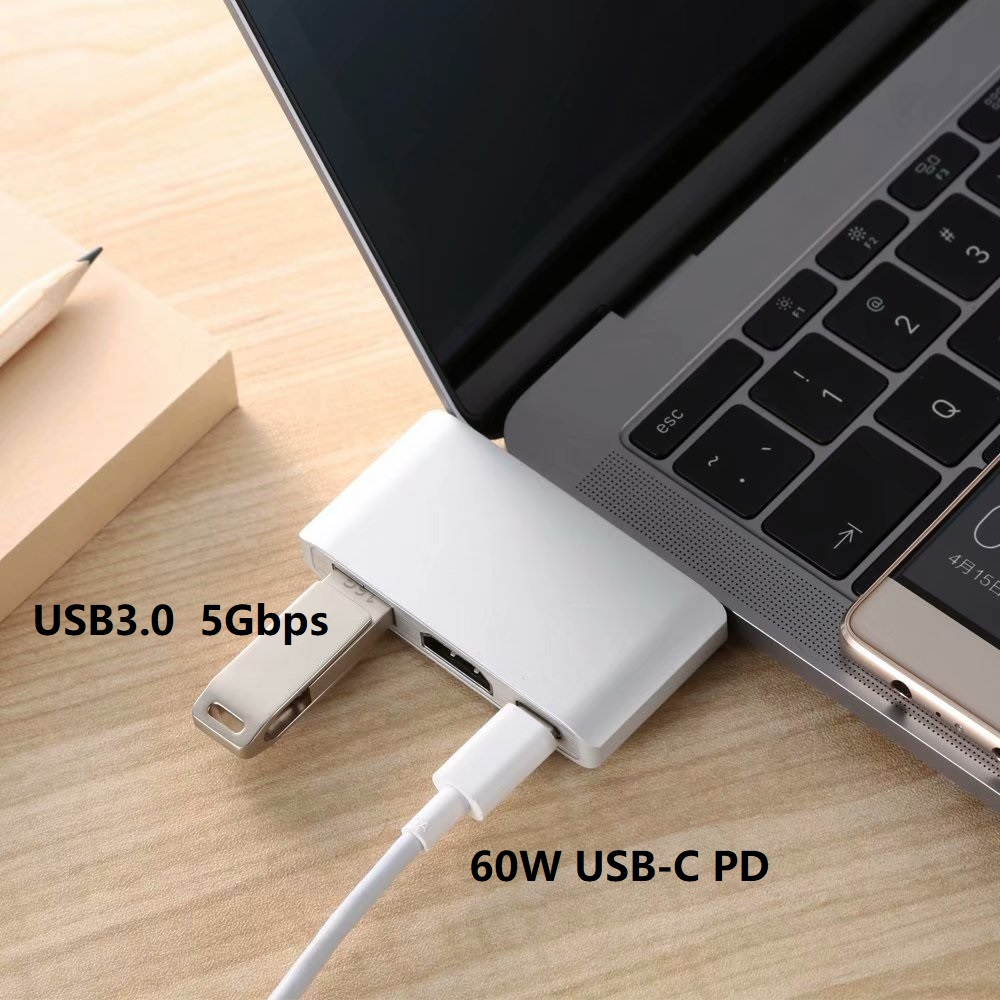 3 in 1 USB C HUB, USB-C to HDMI PD USB 3.0 Adapter for Macbook Chromebook, USB to HDMI Adapter for 4K Monitors Projectors HDTV Audio Display.
