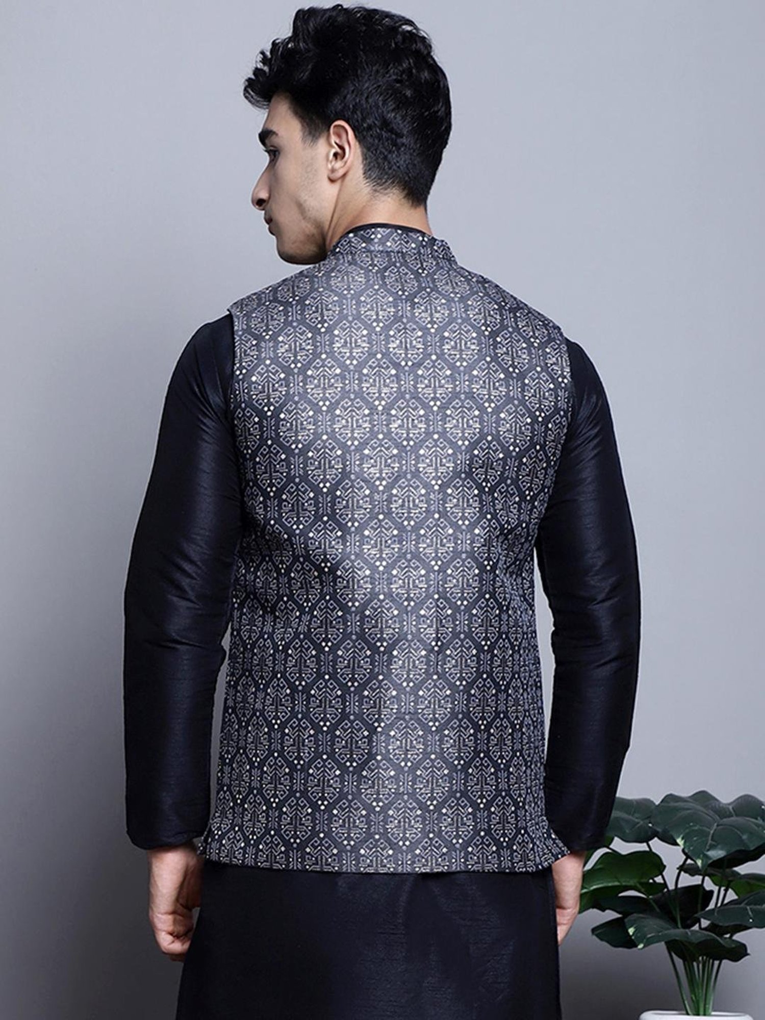 Jompers Charcoal Regular Fit Printed Nehru Jacket