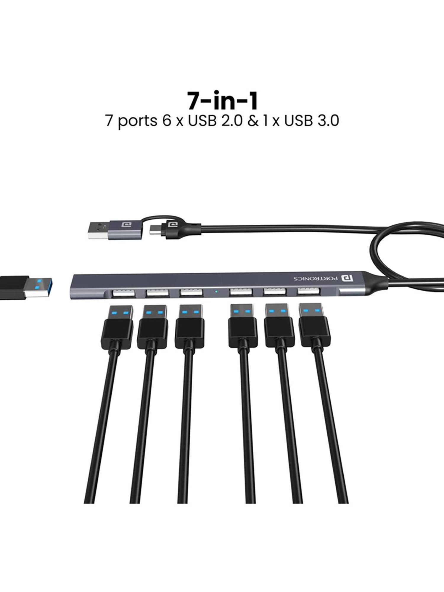 Portronics POR-1792 Mport 7 Multiport 7-in-1 USB Hub with Convertible Heads (Grey)