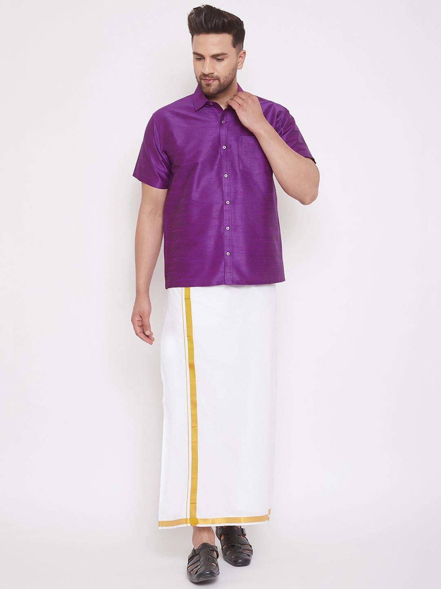 Vastramay Purple & White Regular Fit Ethnic Shirt With Mundu