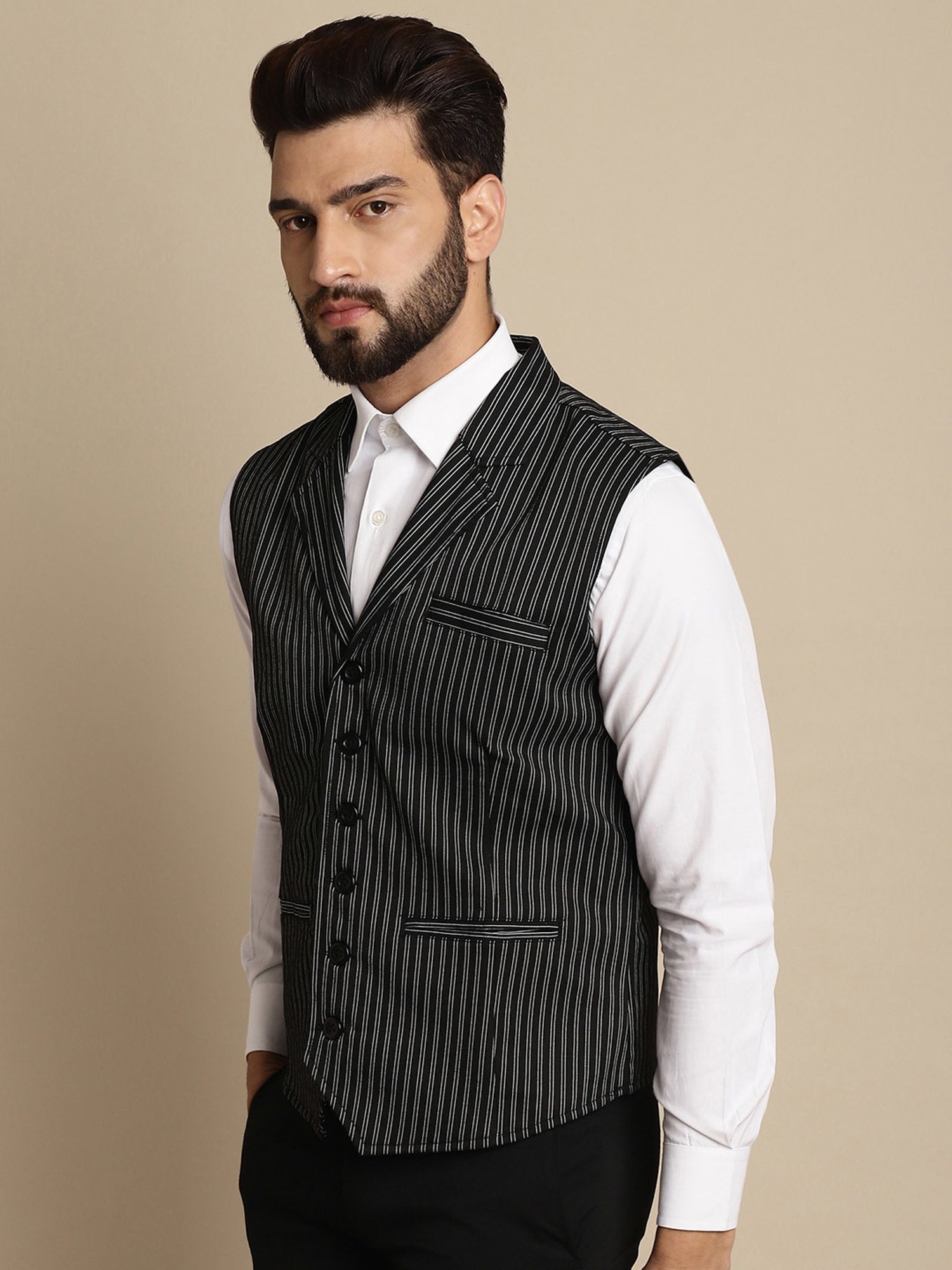 Even Black Regular Fit Striped Notch Lapel Waistcoat