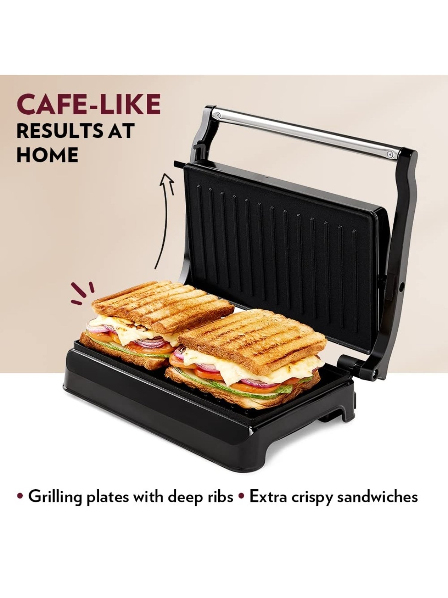 Borosil Sandwich Maker 700W Non Stick Coating (Black)