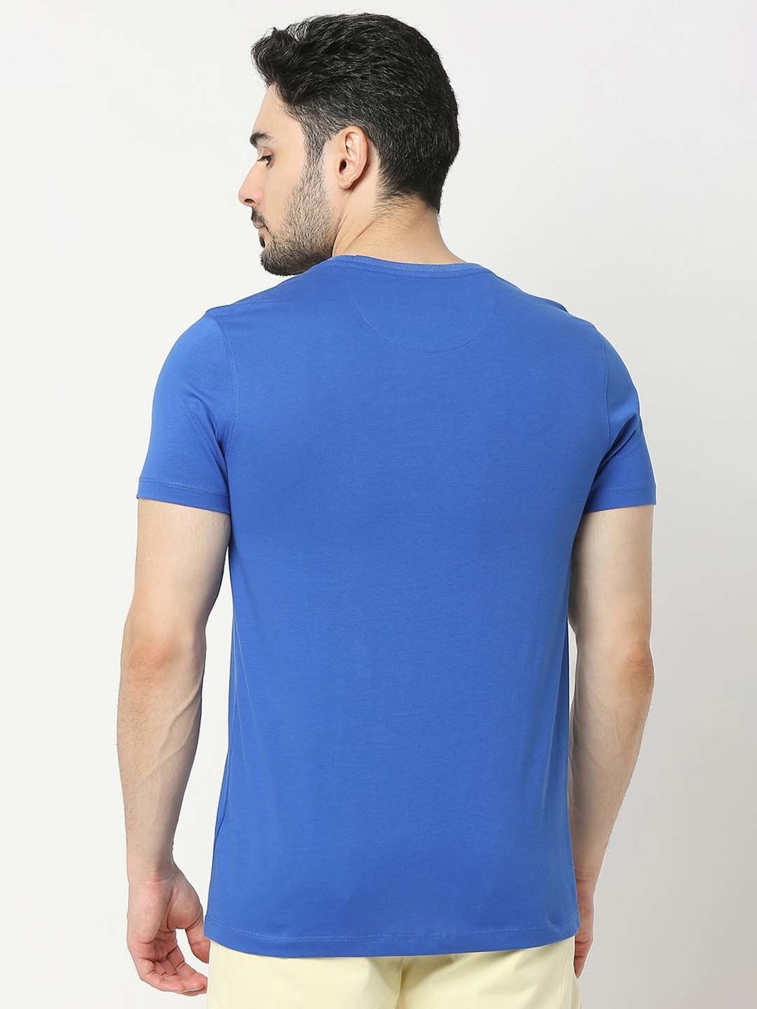UnderJeans by Spykar Royal Blue Regular Fit Printed Cotton Crew T-Shirt