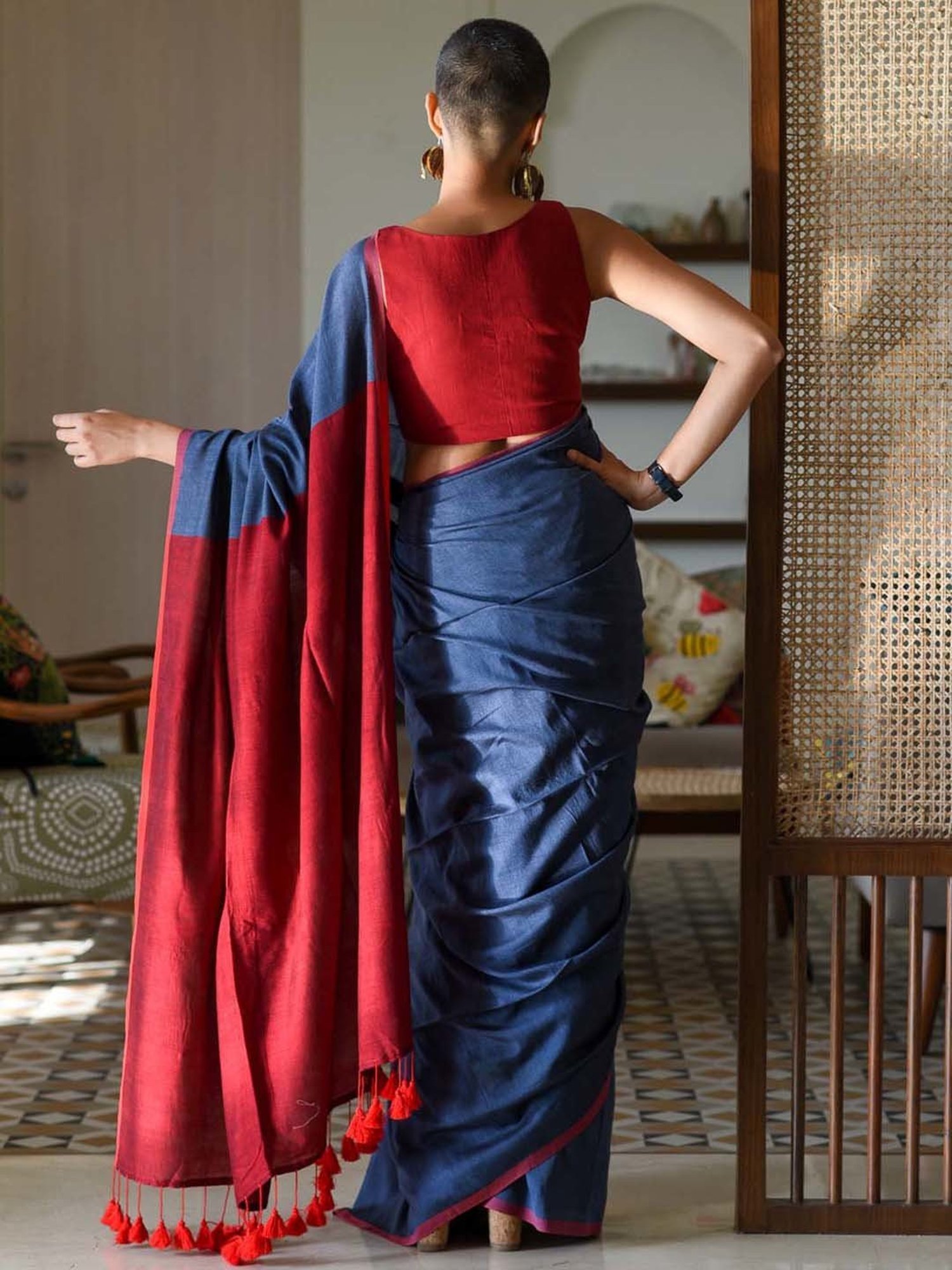Suta Blue & Red Woven Saree