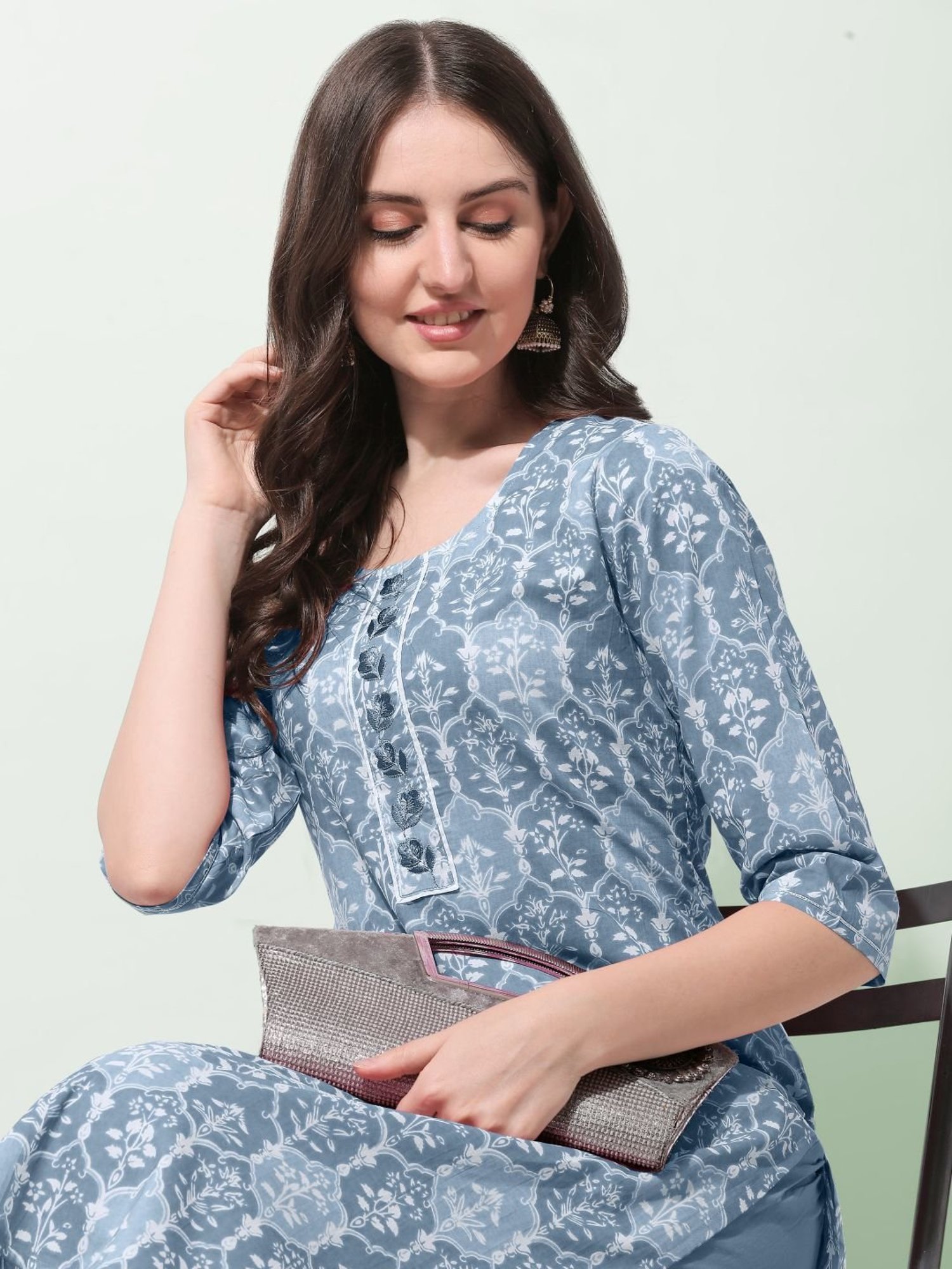 MIRCHI FASHION Bluish Grey Cotton Embroidered Straight Kurta