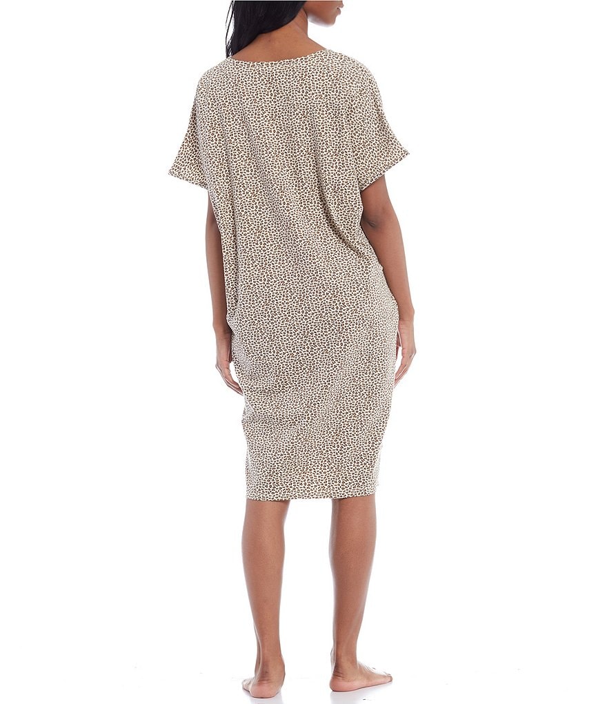 Kate Landry Leopard Print V-Neck Short Sleeve Knit Midi Lounge Dress