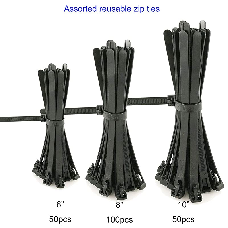 Reusable Zip Ties Assorted 6 8 10 Inch 200 Pack Releasable Nylon Cable Zip Ties 50 Lbs Tensile StrengthThick Reusable Wire Ties Outdoor Indoor Purpose
