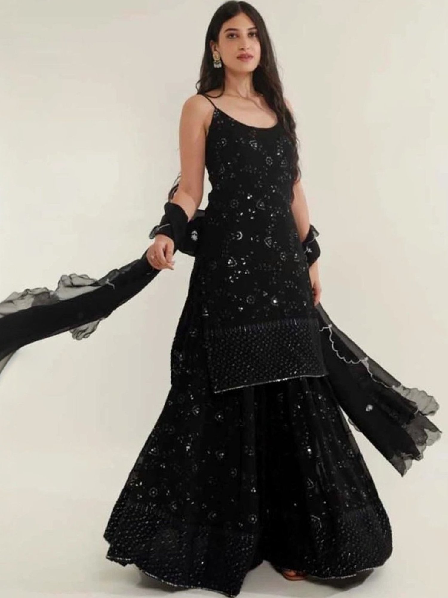 Asrumo Black Tara Mirror Work Chikankari Georgette Kurta with Sharara and Dupatta