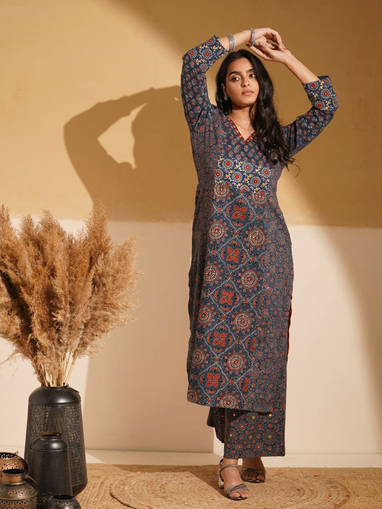 Love Chic Indigo Blue Cotton Ajrakh Straight Kurta