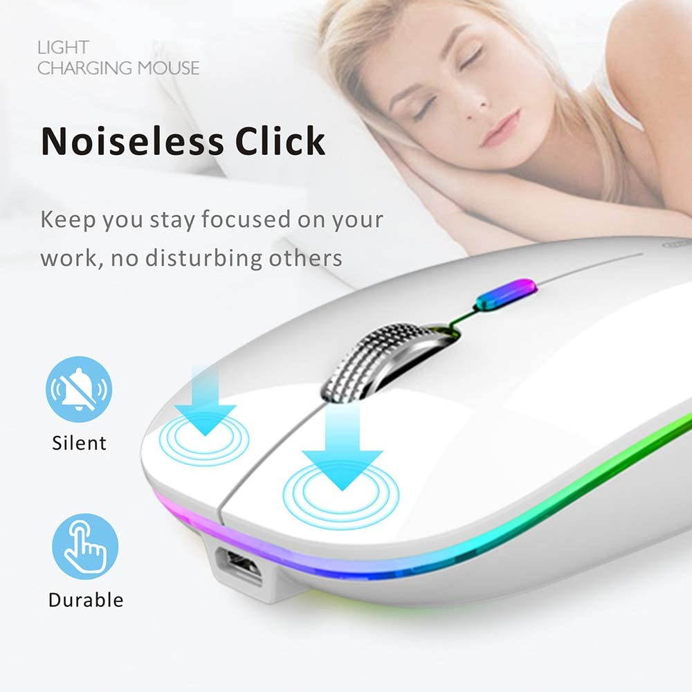 LED Wireless Mouse, Uiosmuph G12 Slim Rechargeable Wireless Silent Mouse, 2.4G Portable USB Optical Wireless Computer Mice with USB Receiver and Type C Adapter (White)