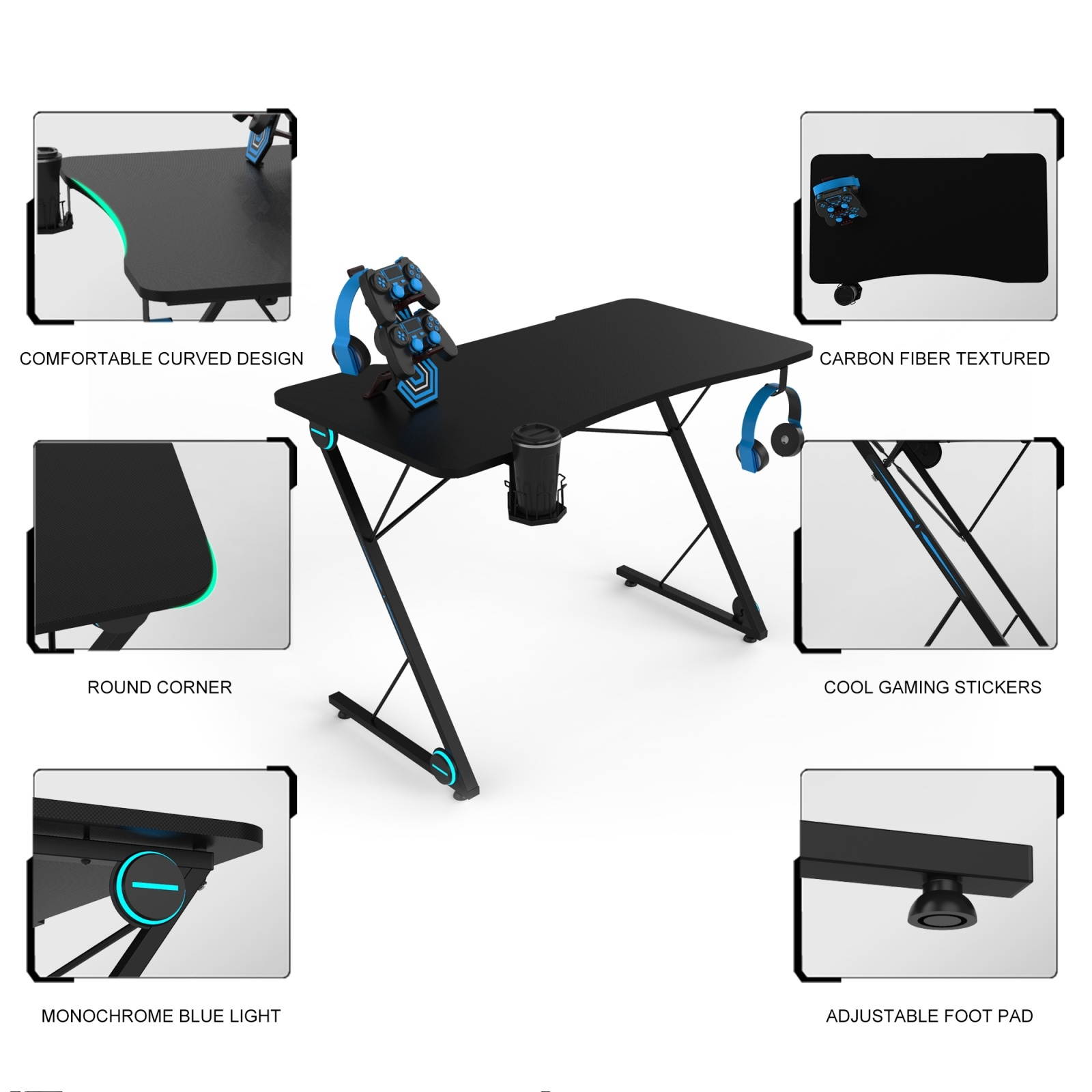 Z-shaped Game Table with LED Light & Headphone Holder & Cup Holder & Gamepad Holder, Size: 43.3x23.6x30.8 inch