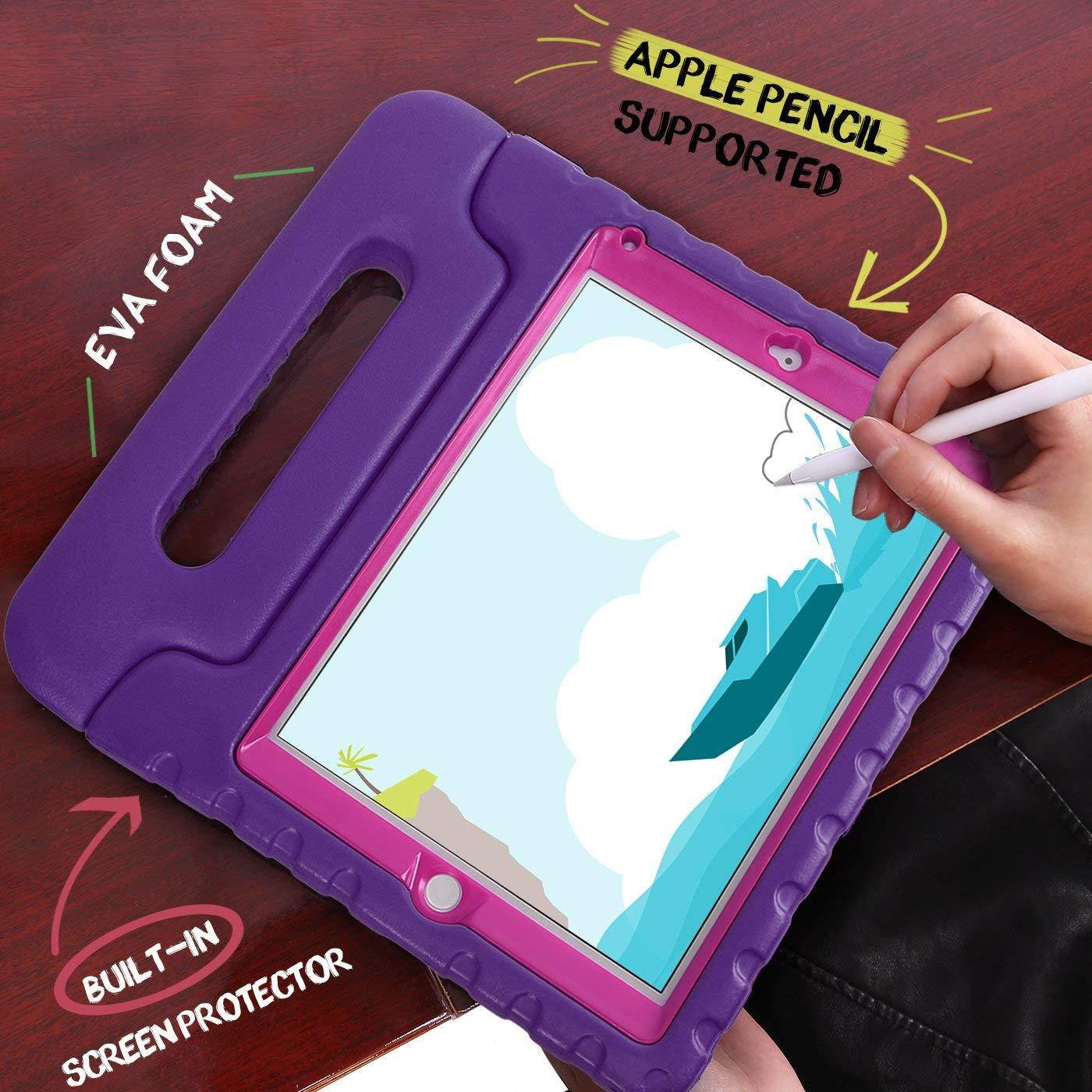 HDE Case for iPad 9.7-inch 2018 / 2017 Kids Shockproof Bumper Hard Cover Handle Stand w/ Built in Screen Protector for New Apple Education iPad 9.7 Inch (6th Gen) / 5th Generation iPad 9.7 Purple Pink