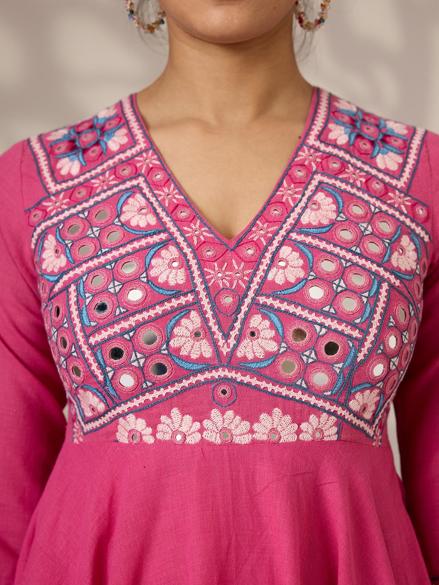 Okhai Pink Cotton Embroidered Ethnic Dress