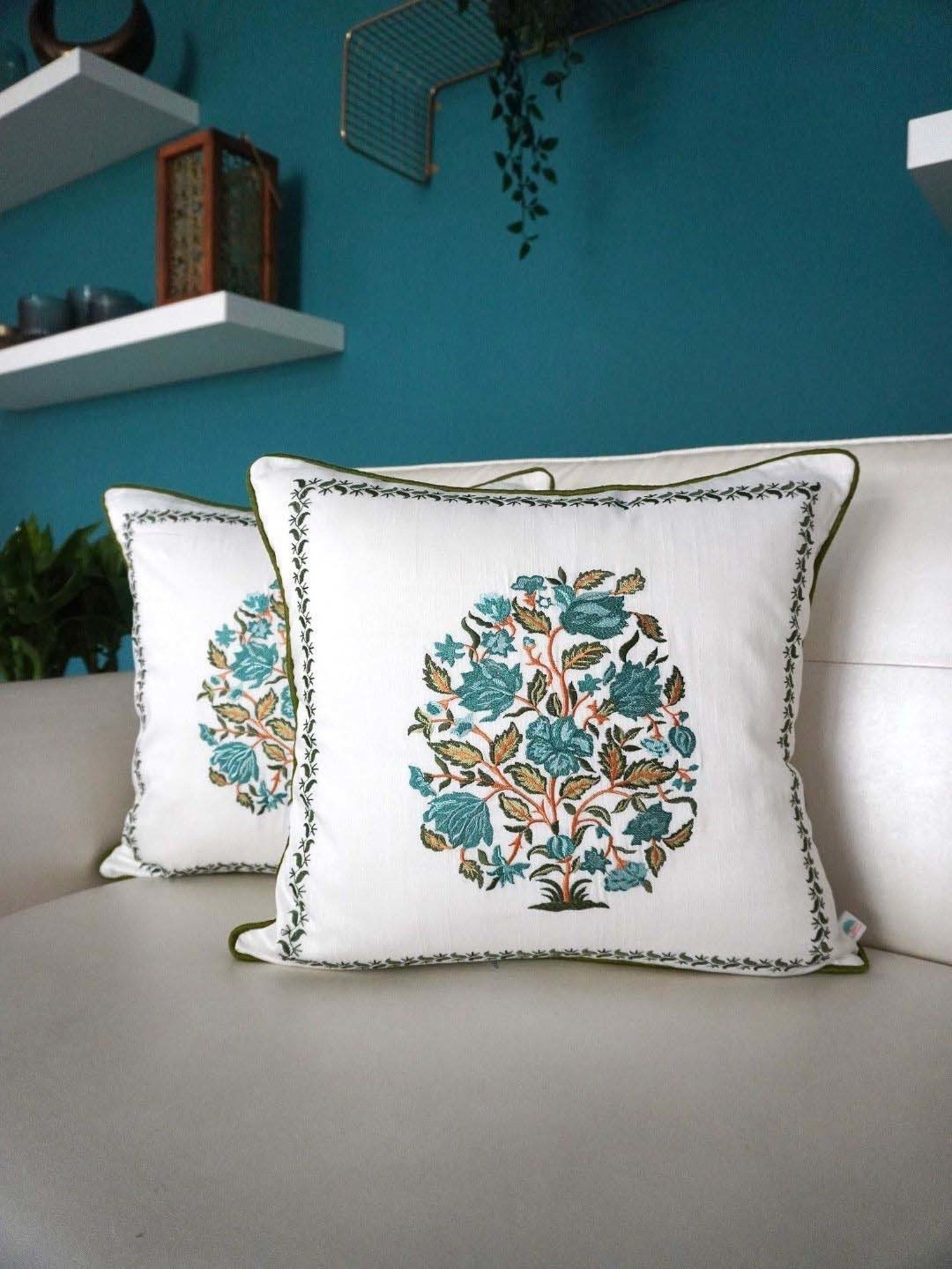 TARA Sparkling Homes Noor Green & Blue Cotton Cushion Cover - Set of 4