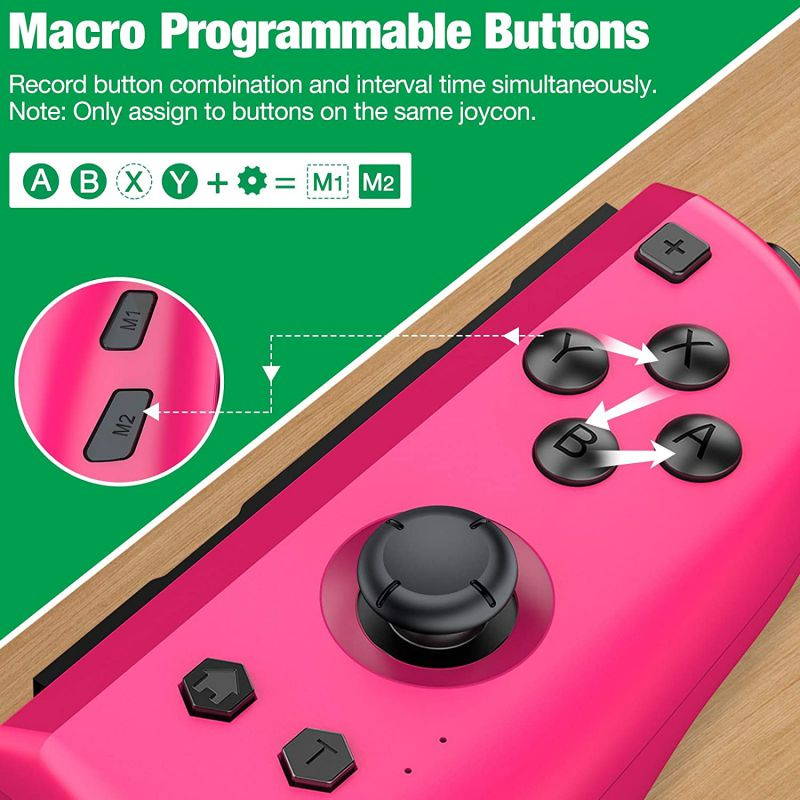 Switch Controller Compatible with Nintendo Switch Joycon, 4 Custom Macro Rear Buttons & 2 Turbo Buttons Pink and Green Switch L/R Replacement for Joycon Controllers Dual Vibration 6-Axis Gyro