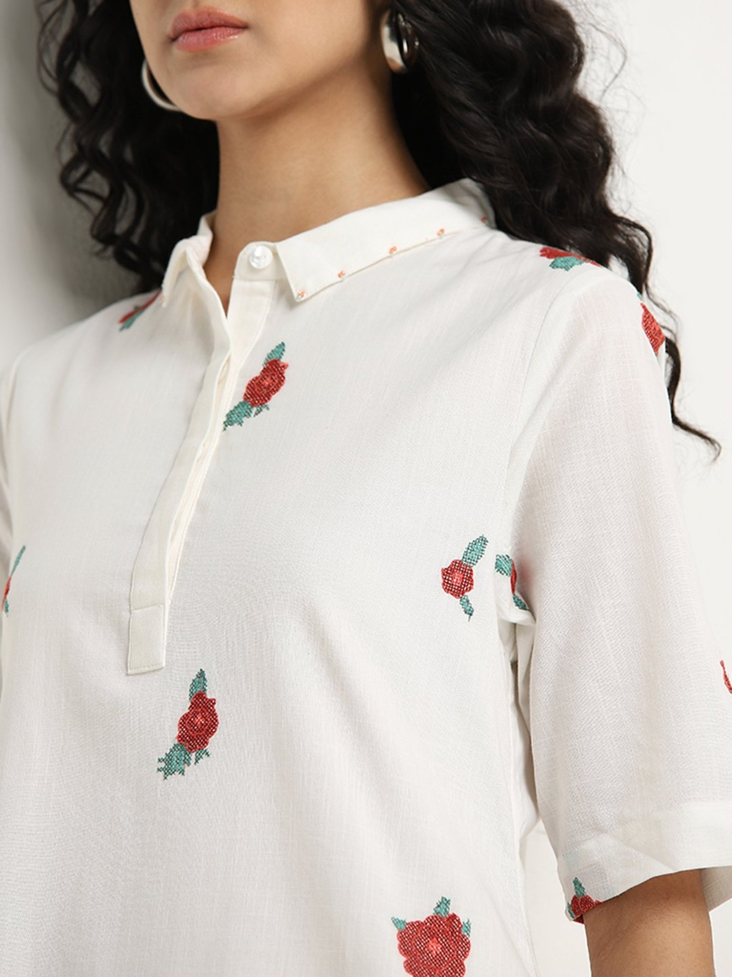 Bombay Paisley by Westside White Floral Printed Cotton Shirt Dress