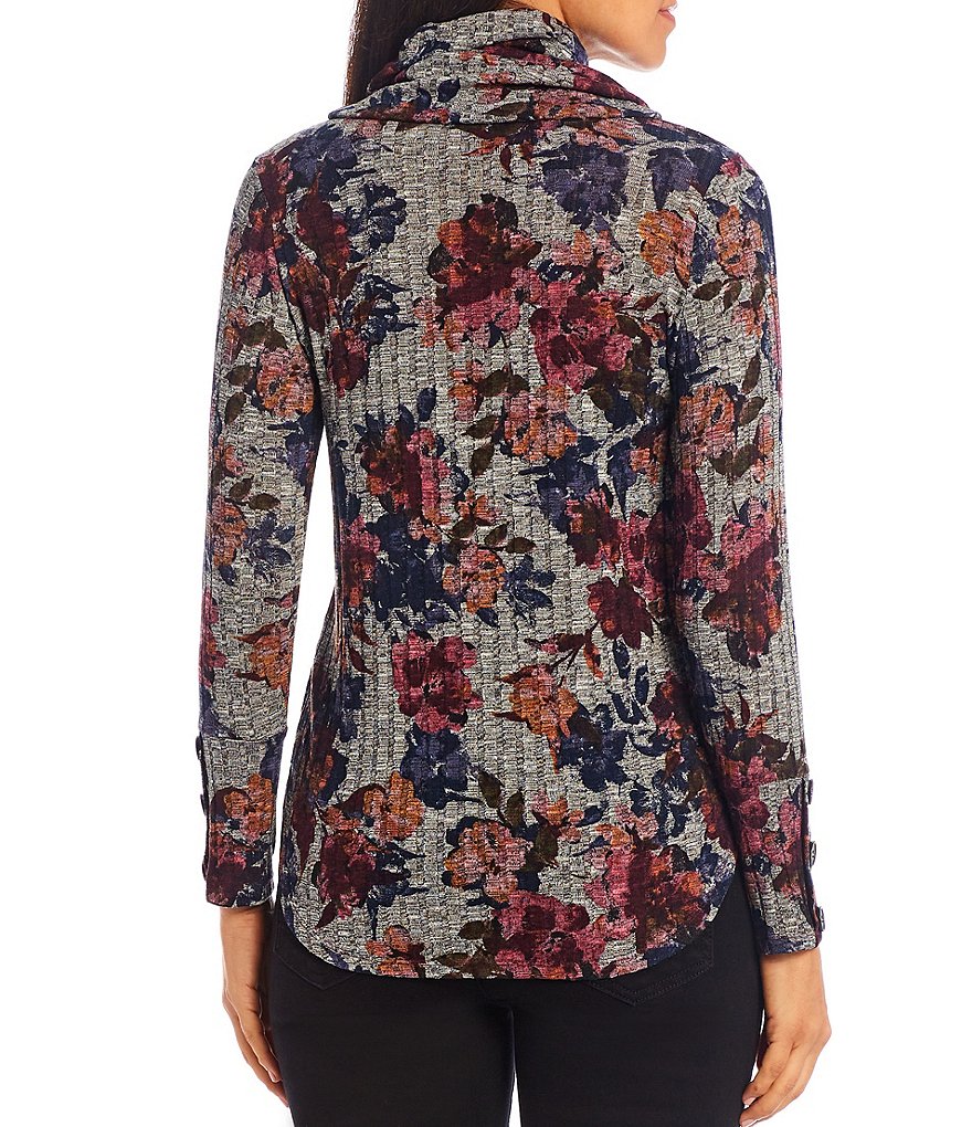 I.N. Studio Petite Size Floral Print Drawstring Cowl Neck Long Sleeve Top