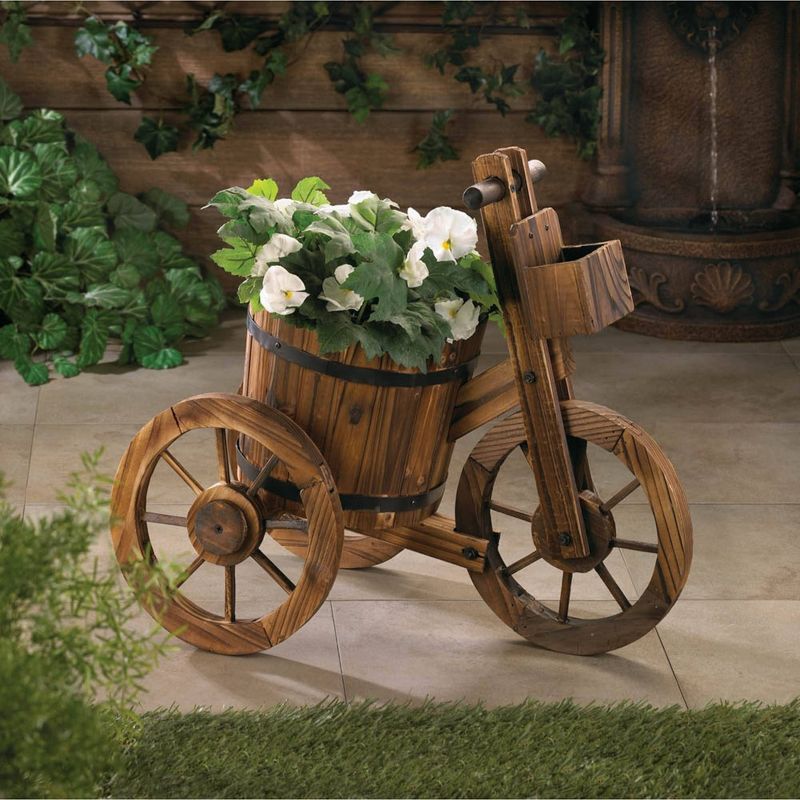 10.9" Indoor/Outdoor Wood Barrel Tricycle Planter Brown - Zings & Thingz