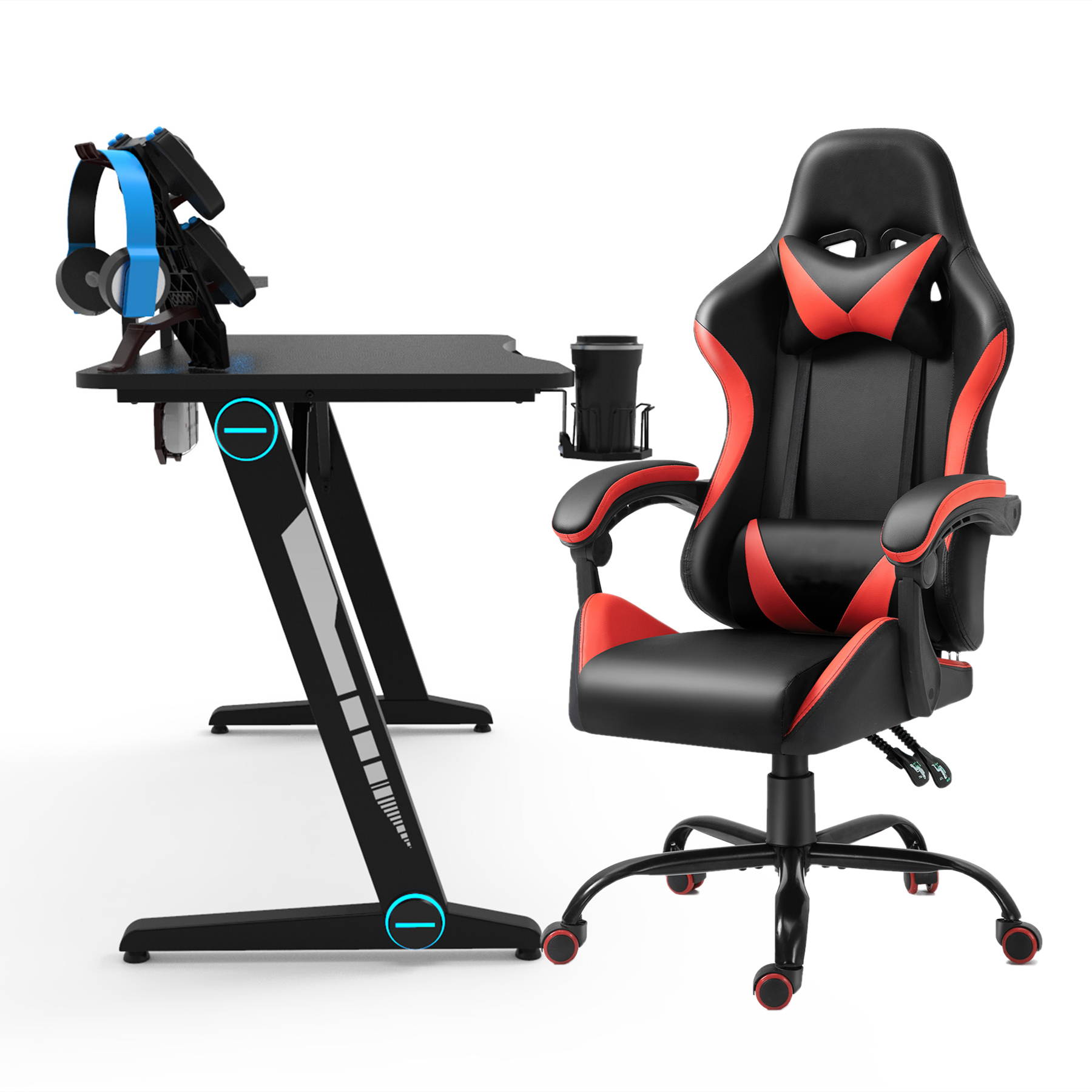 47.2 Inch Z-Shaped Gaming Desk with  Red Economic PU Leather Gaming  Chair Home Office Desk and Chair Set Gamer Workstation with Monitor Stand Carbon Fiber Surface Gamer Table with RGB Lights