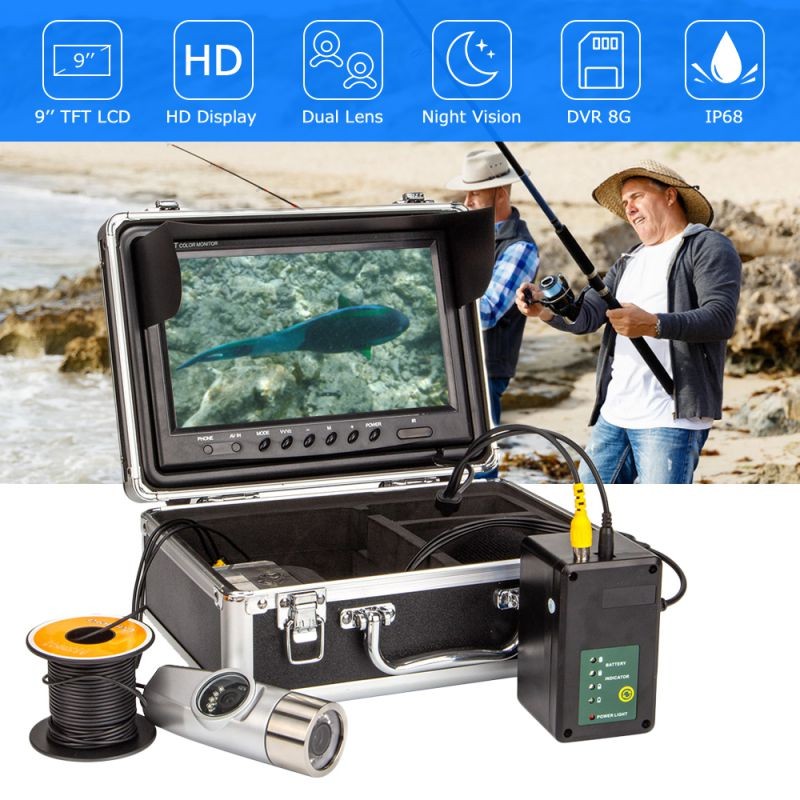 15m Dual lens 9" HD LCD Monitor Fish Finder Underwater Fishing Video Recording DVR