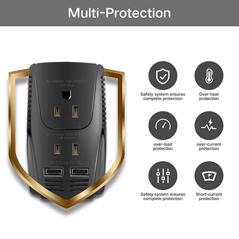 New Voltage Converter Step Down 220V to 110V for Hair Dryer Straightener Curling Iron 2Port USB and UKAUUSEU Worldwide 10A Plug Adapter