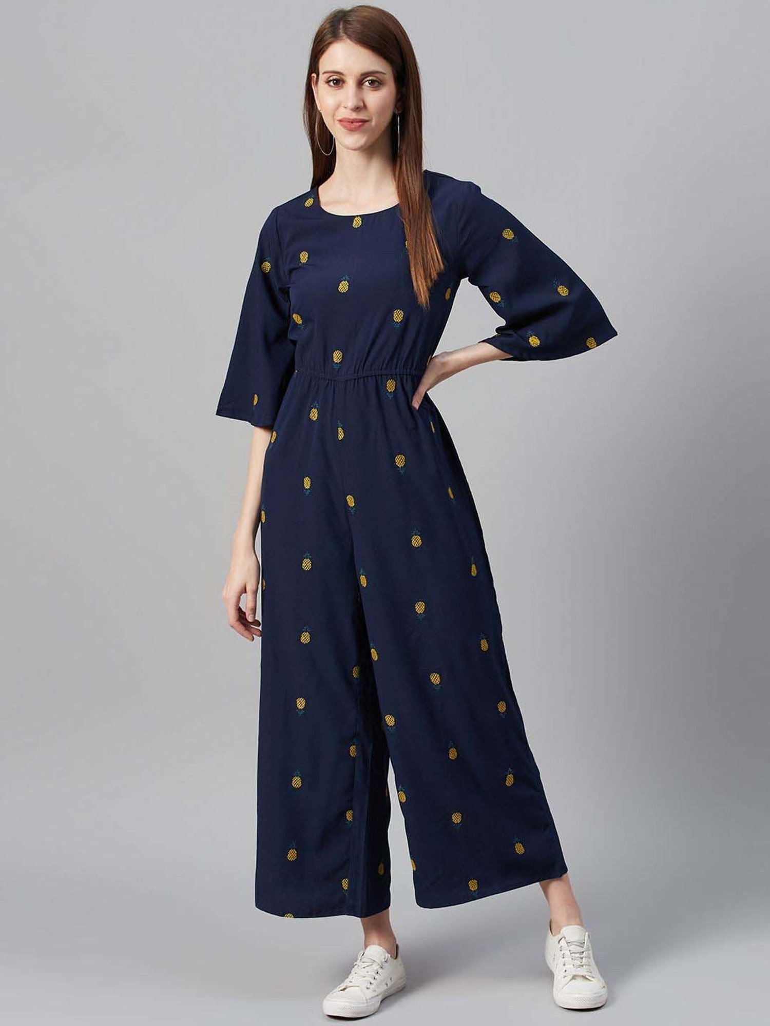 Juniper Dark Blue Quirky Printed Poly Crepe Jumpsuit With Thread Work Embroidery